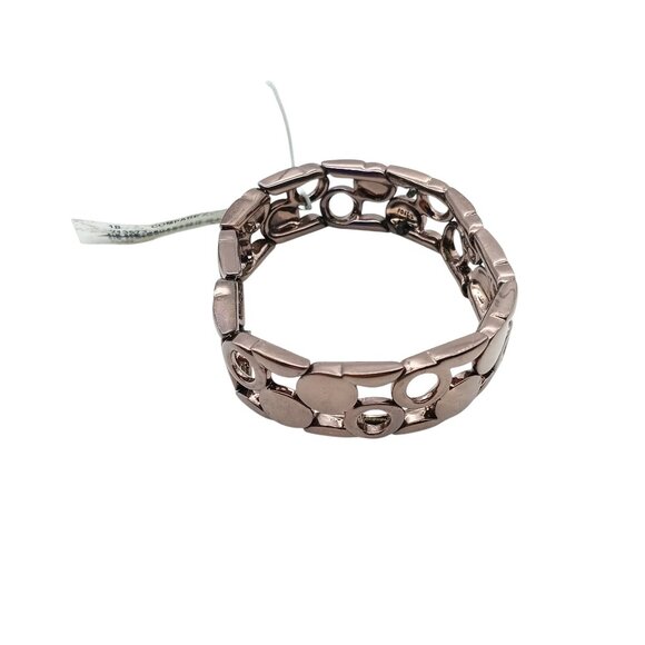 NWT Fossil Womens Bronze Tone Bangle, Stainless Steel Stretch Bracelet Interlink - Picture 2 of 4